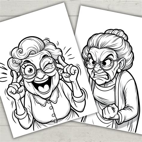 70 Grayscale Crazy Granny's Coloring Pages, Printable Crazy Grandma Coloring Book, Funny Old ...