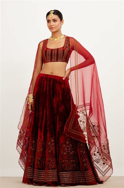 Devnaagri - Maroon Zari Embroidered Velvet Lehenga Set