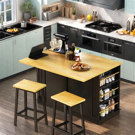 Kitchen Island Table Set with Drop Leaf, Power Outlet & Storage – 48 ...