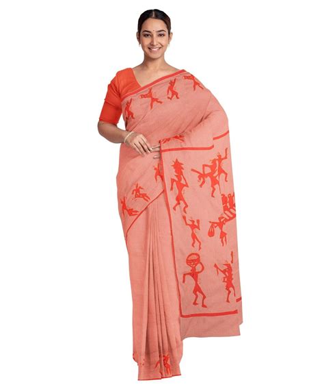 Biswa bangla orange cotton hand embroidery applique work saree – GoSwadeshi