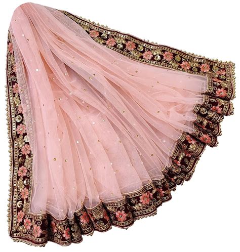 Buy Navti Creations Women's Peach Net Dupatta With Maroon Border (Peach ...