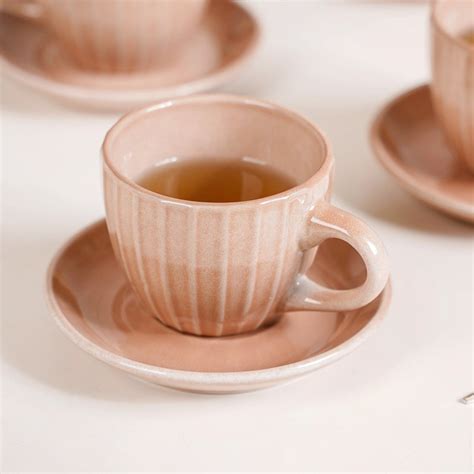 Costola Ceramic Tea Cup And Saucer Set Of 4 Pink 125ml Online - Premium ...