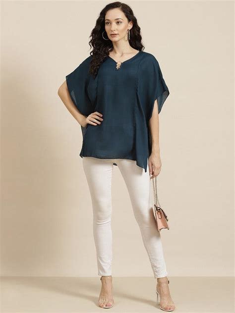 Qurvii Teal Keyhole Neck Crepe Regular Top