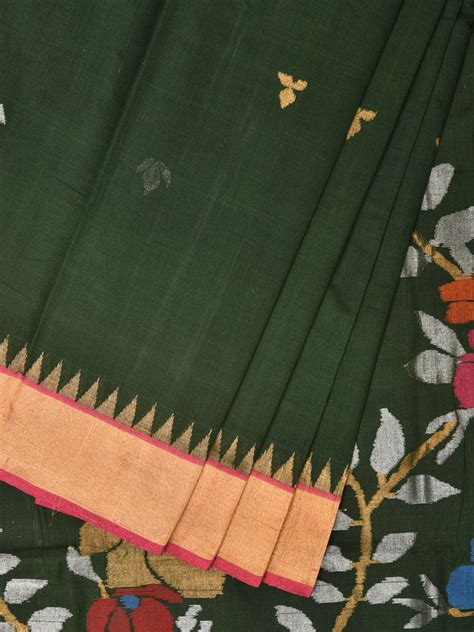 Dark Green Khadi Cotton Handloom Saree with Floral Pallu Design kh0664 ...