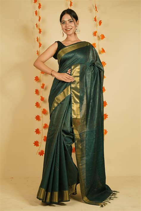 Green Premium Bhagalpuri Cotton Silk with woven zari and sequins all o