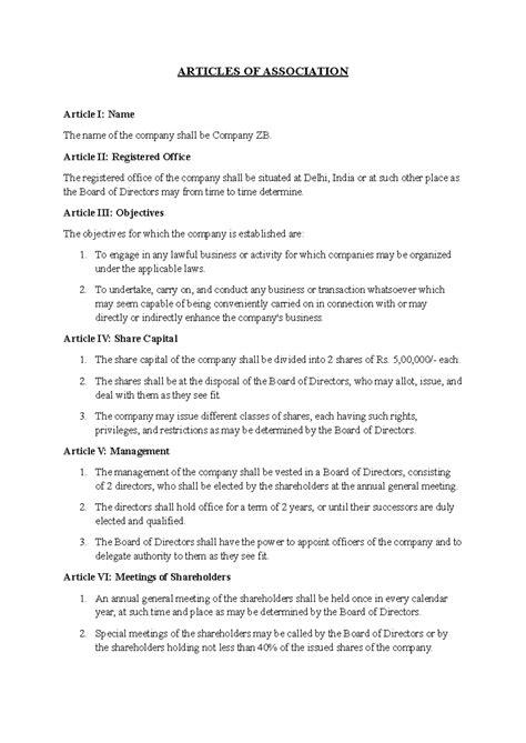 Articles OF Association - ARTICLES OF ASSOCIATION Article I: Name The ...