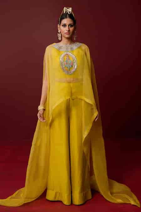 Buy Yellow Silk Organza, Viscose Embroidery Round Neck Savitri Hand ...