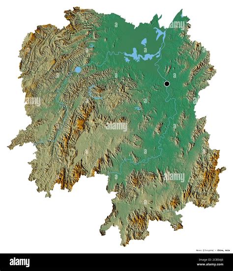 Shape of Hunan, province of China, with its capital isolated on white background. Topographic ...