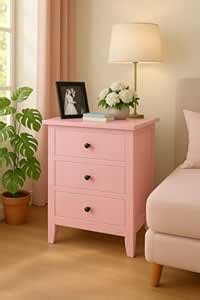 UrbonArts Solid Sheesham Wood Bedside Table in Pink Finish | 3 Drawer ...
