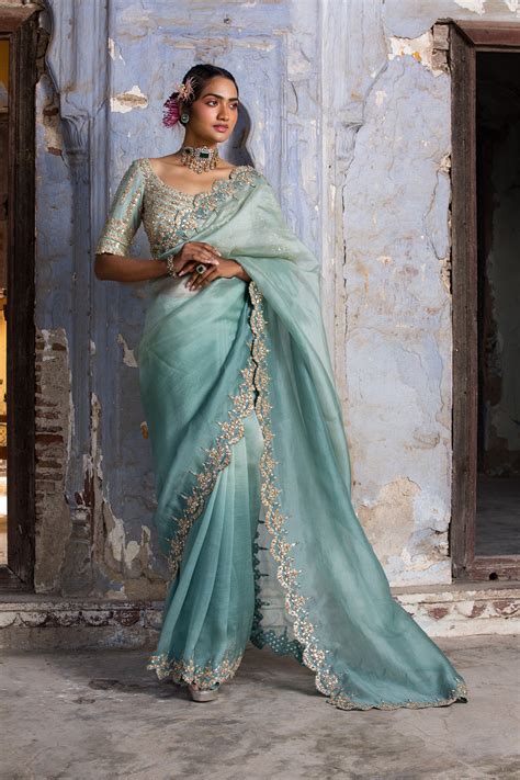 Jade Green Ombre Organza Saree – Nitika Gujral