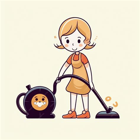 Niña de dibujos animados aspirando una aspiradora negra con una sonrisa ...