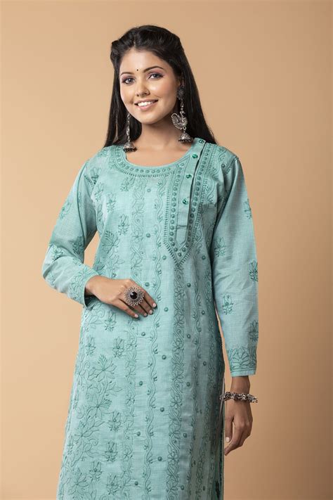 Sea Green Hand embroided Cotton Silk skin friendly Long Kurti Lucknow ...