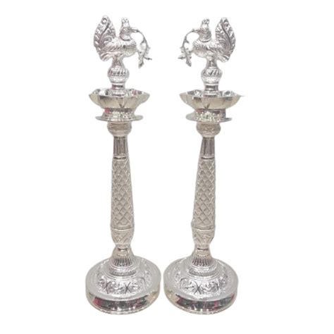 92.5 Pure Silver Peacock Design Kuthu Vilakku For Pooja - Silver Palace