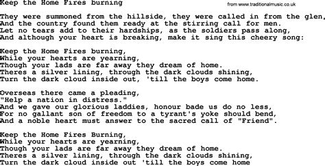 World War One(WW1)Era Song Lyrics for: Keep The Home Fires Burning