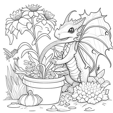 Premium Photo | Dragons Green Thumb Coloring Image of a Caring Dragon Watering Plants
