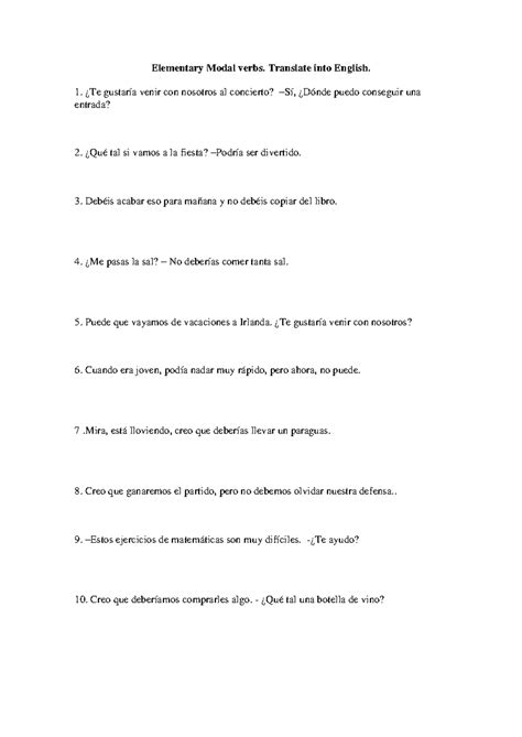 Modal verbs - practice - Elementary Modal verbs. Translate into English ...