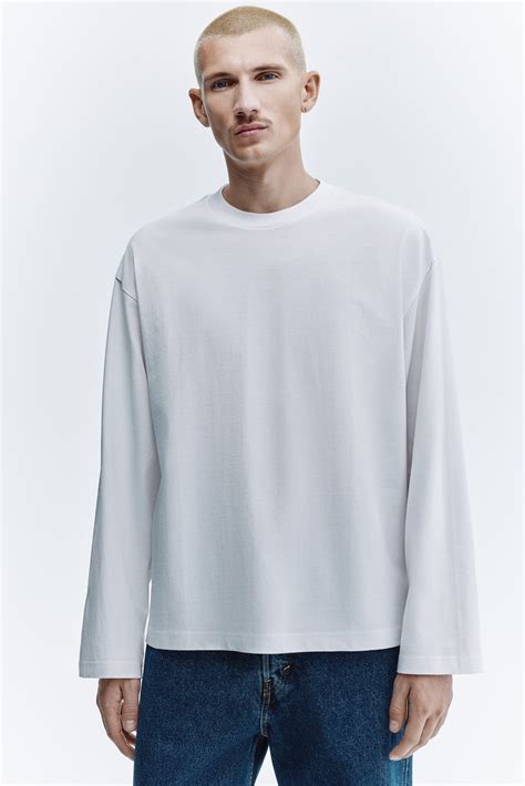 Oversized Fit Long-sleeved jersey top - White - Men | H&M IN