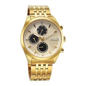 Buy Sonata Magna Quartz Champagne Gold Round Dial Men's Watch ...
