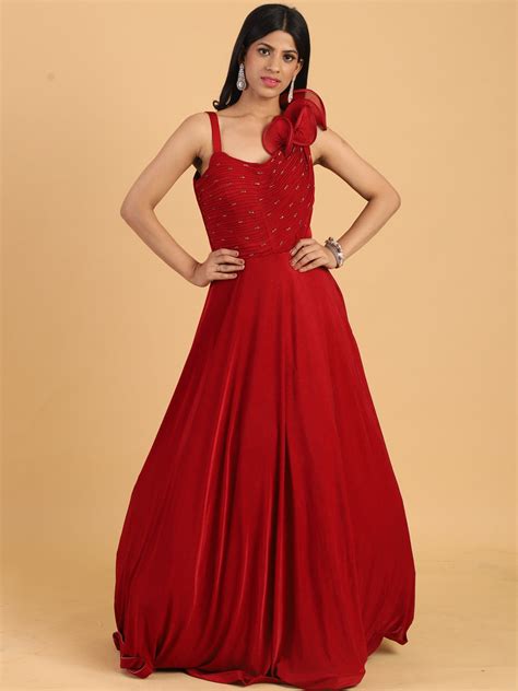 YMNG9906 Red Embellished Lycra Cocktail Gown with Stylized Ruffled ...