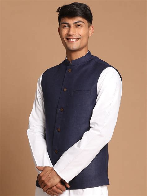 Navy Blue Cotton Blend Nehru Jacket – vastramay