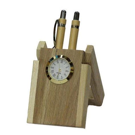 Craftatoz Brown Wooden Handicrafts Showpiece Pen Stand With Clock ...