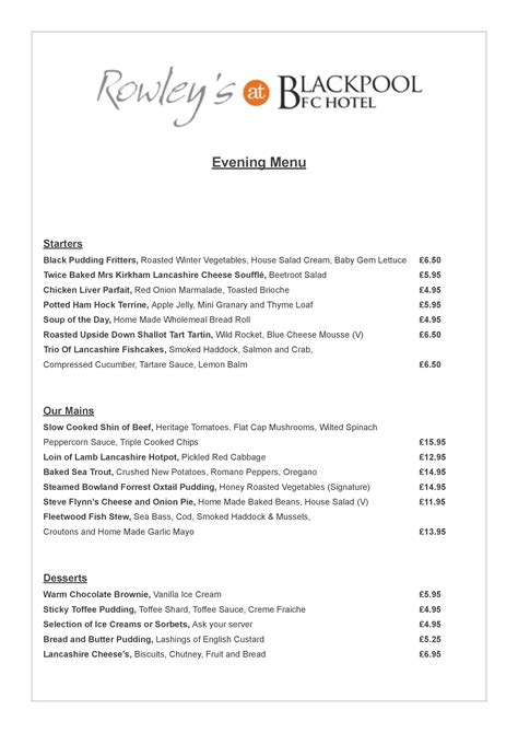 Menu at Rowley's Bar & Bistro, Blackpool