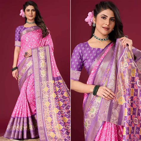 Pink & Purple Digital Patola Printed With Woven Border Dola Silk Saree