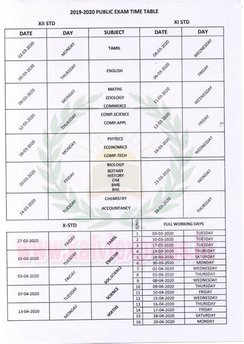 SSLC ,HSC Public Time Table-2020 & School Working Day In Single Page