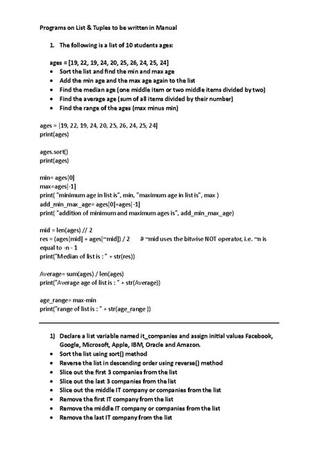 Programs on List Tuples: Manual 1 for Python Coding Tasks - Studocu