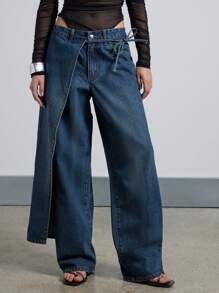AiiRZ Hybrid Mid Rise Wide Leg Jeans With Attached Skirt | SHEIN USA