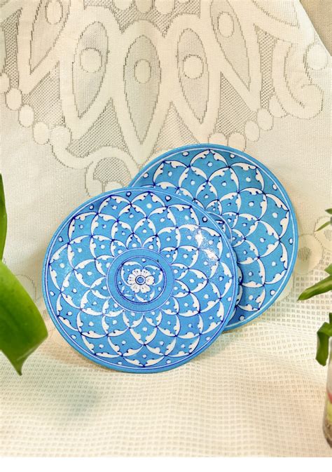 White Flowers Design Handmade Blue Pottery Decorative Platter