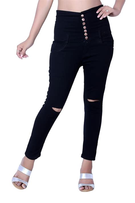 Buy NETFLIP Women's 7 Button Knee Cut Design Black Regular Fit Jeans ...