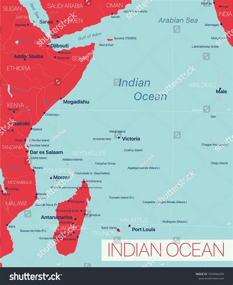Indian Ocean Region Detailed Editable Map Stock Vector (Royalty Free ...