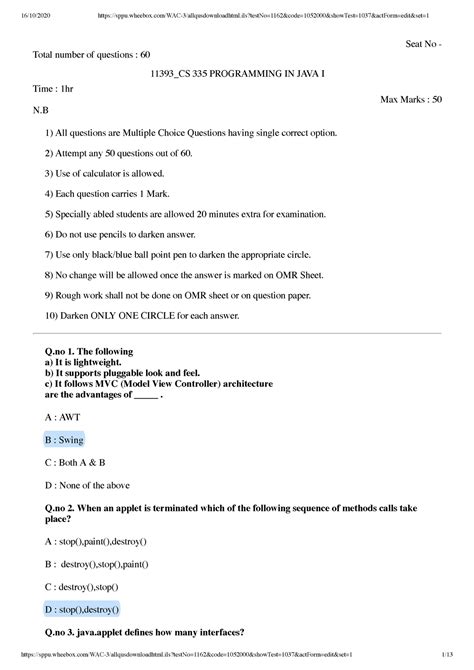 Javaq 8 - Java MCQ's - Total number of questions : 60 Seat No - 11393 ...