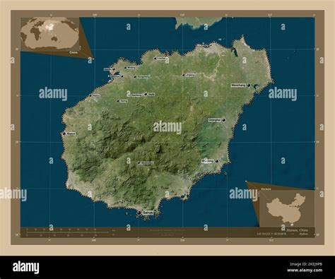 Hainan, province of China. Low resolution satellite map. Locations and names of major cities of ...