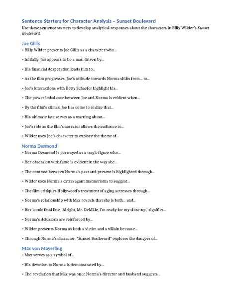 Character Analysis Sentence Starters for 'Sunset Boulevard' - Studocu