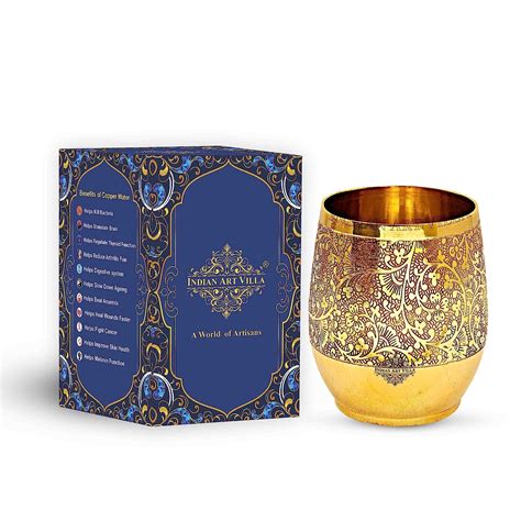 Buy INDIAN ART VILLA Embossed Flower Design Brass Glass Tumbler Cup ...