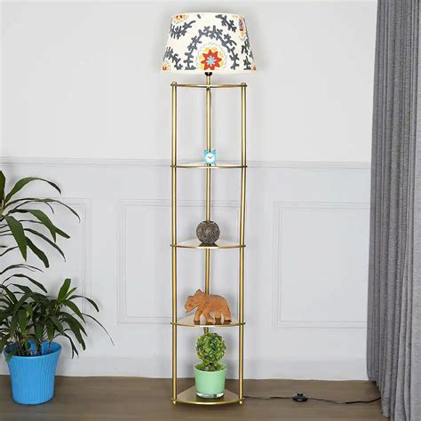 DEVAN Metal Multiutility Shelf Floor Lamp With Printed Linen Shade ...