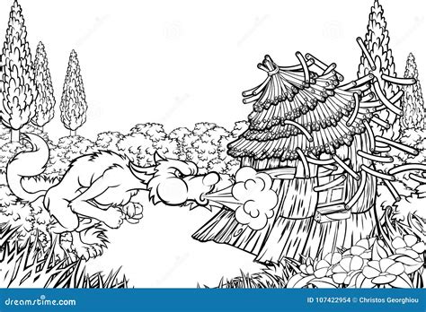 Big Bad Wolf Three Little Pigs Blowing Down House Vector Illustration ...
