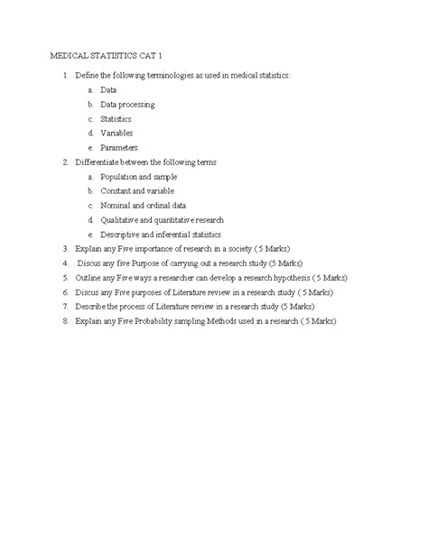 Medical Statistics CAT 1 - MEDICAL STATISTICS CAT 1 Define the ...