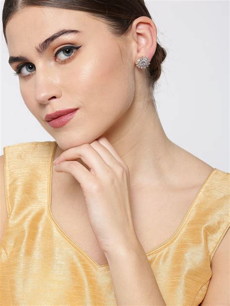 Gold-Plated American Diamond Studded Stud Earrings in Floral Pattern ...