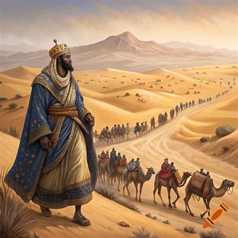 Mansa Musa travels through the desert with his entourage and camels. on ...