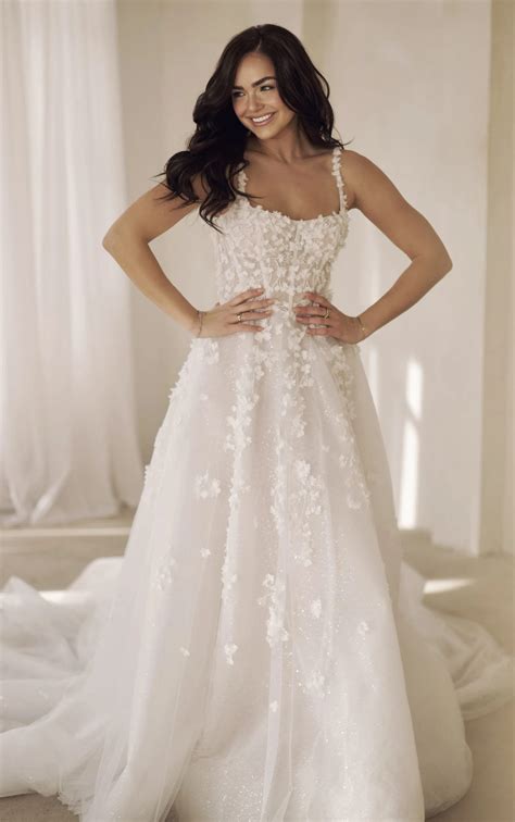 Romantic 3D Floral Wedding Dress with Square Neckline