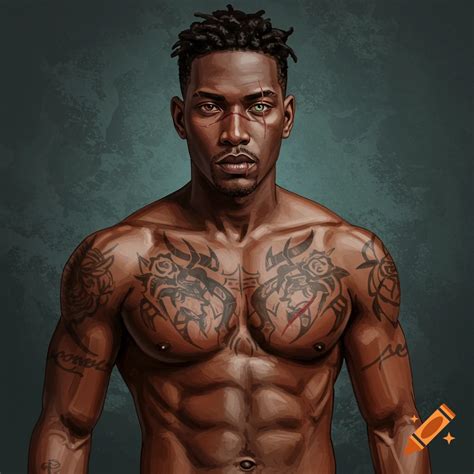 Tall, muscular dark-skinned man with heterochromia and chest tattoos on ...