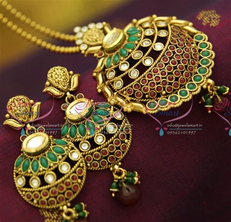 PS2862 Kundan Finish Antique Gold Plated Ball Chain 16 Inch Pendant Set ...