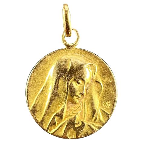 French Religious Virgin Mary 18K Yellow Gold Medal Pendant For Sale at ...