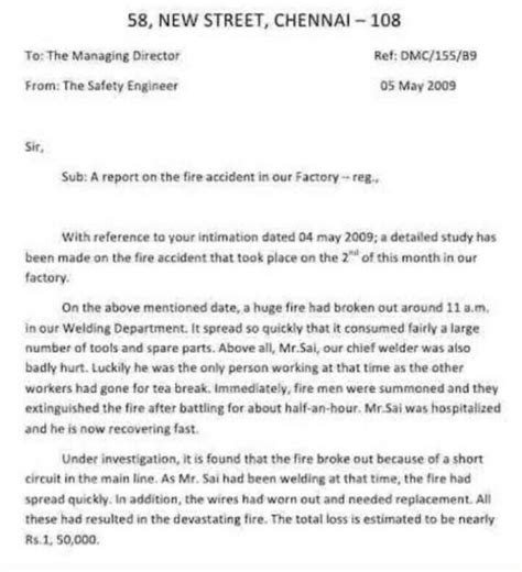 Write a report in about 100 words about a fire accident that you ...