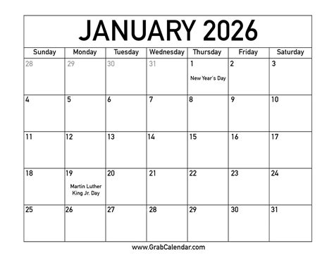 Calendar For January 2026 with Holidays | Calendar 2025
