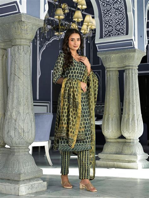 Divena Green Ethnic Printed Chanderi Silk Kurta Trouser with Dupatta S ...