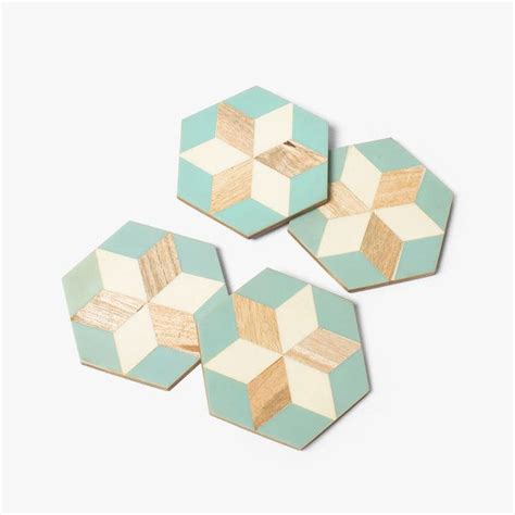 Shop Hexagon Shaped Wooden Tea Coasters With Colorful Marquetry For ...